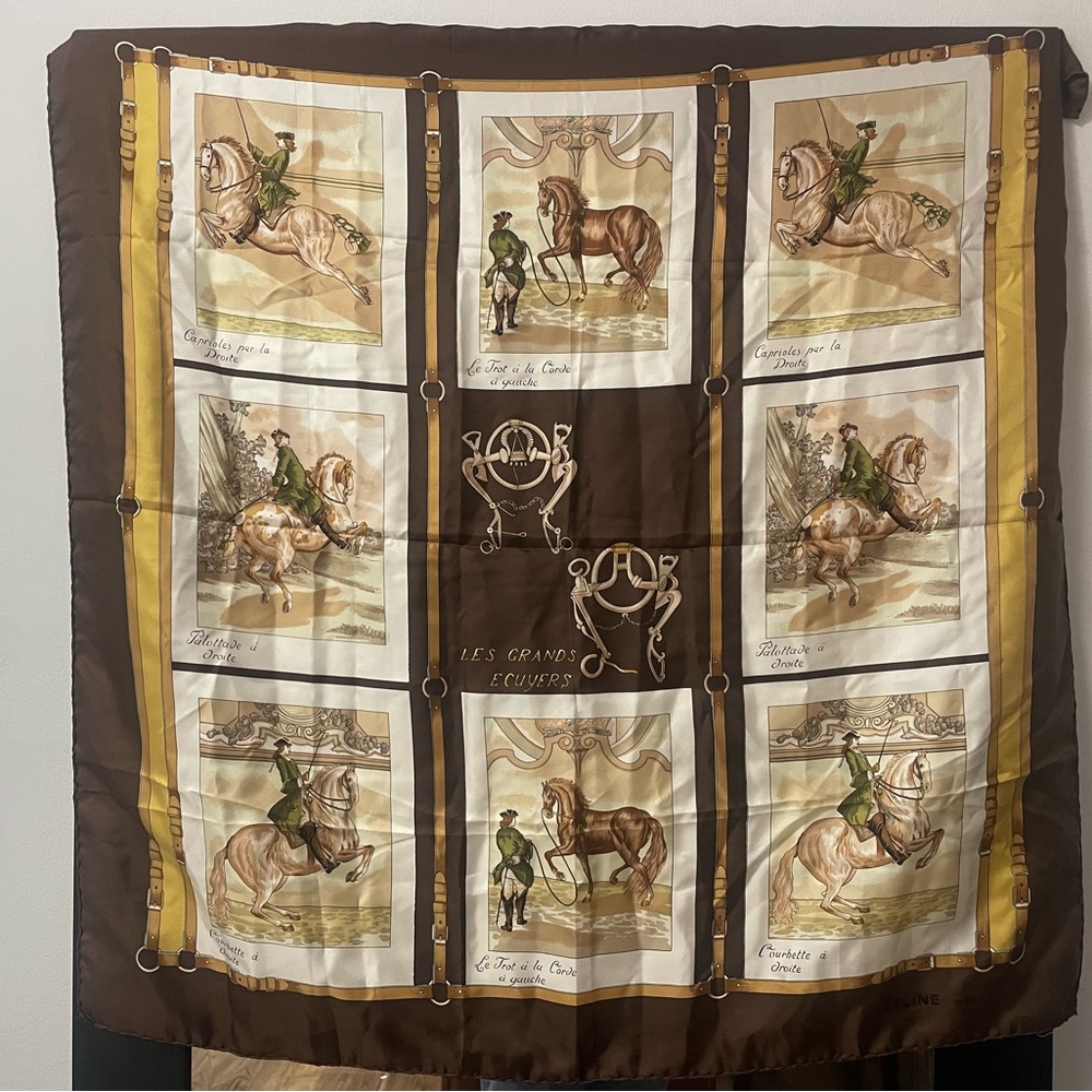 Celine Brown Equestrian Print Silk Scarf